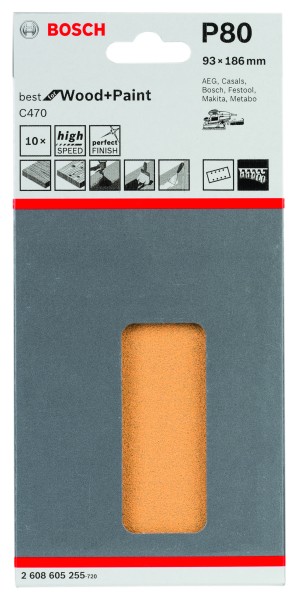Bosch Schleifpapier 93x186mm K80 C470 Wood & Paint 10er Pack